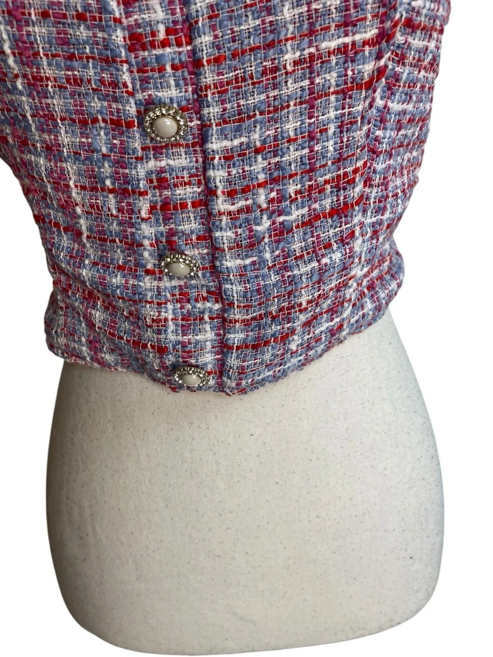 Zara Tweed Corset Crop Top with Pearl Straps Red Blue